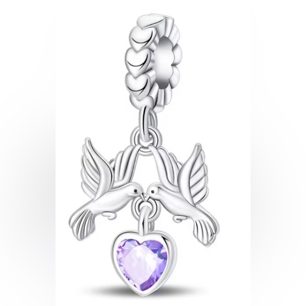 925 Doves Purple Heart Bracelet Charm-Fits Most Charm Bracelets-NEW